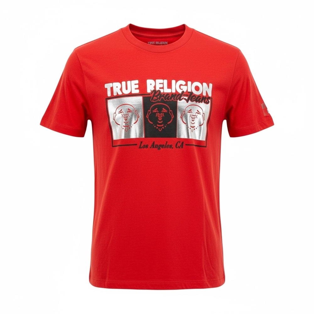 True Religion Mens Small Red Cotton Graphic T Shirt Short Sleeve Vaca Comfy NEW
